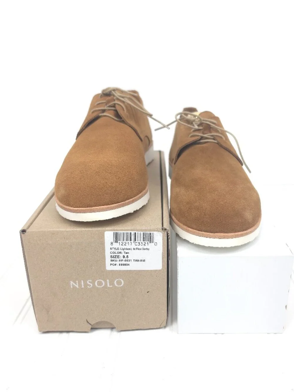 NIB Men's NISOLO Lightweight Flex Derby Suede Leather Oxford Tan Size 9.5